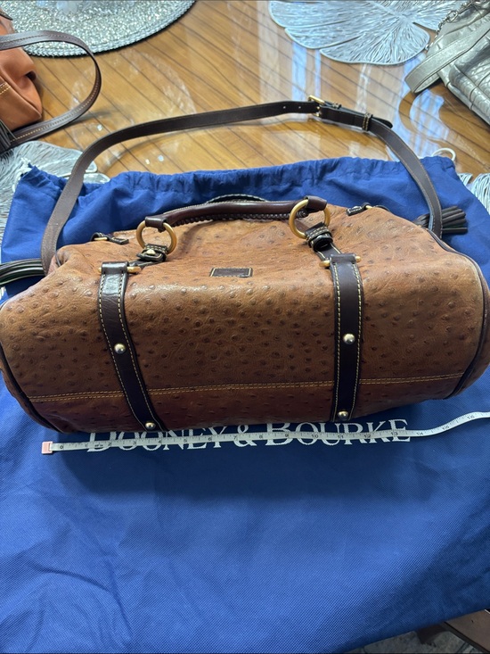 Dooney & Bourke Handbags - Dooney & Bourke Brown Ostrich-Effect Satchel with Dark Brown Trim